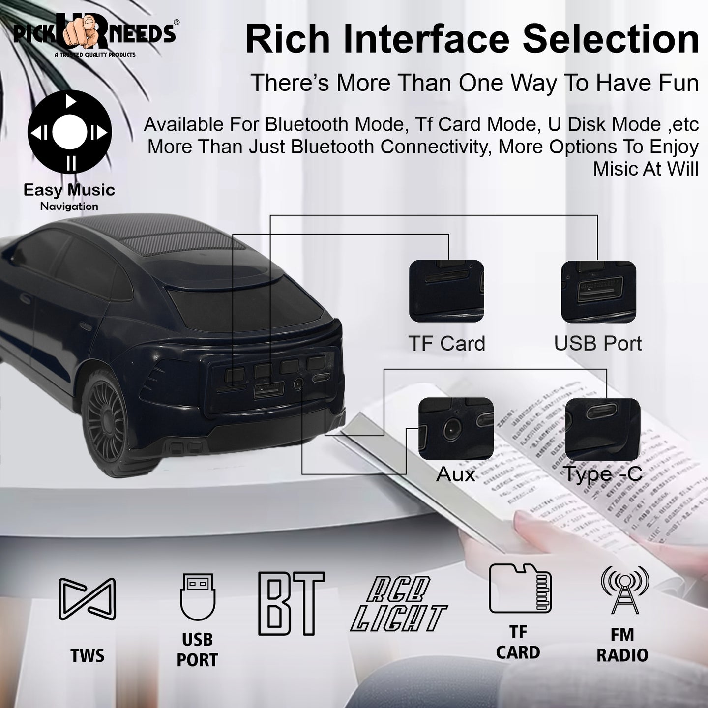 Pick Ur Needs Rechargeable Car-Shaped Speaker – RGB LED Light, USB/FM/SD Card, Type-C, 1200mAh
